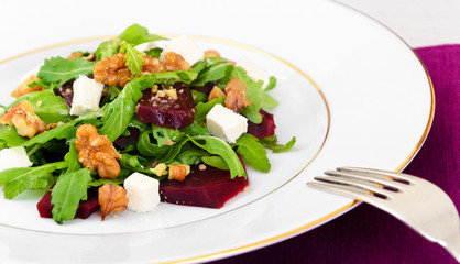 Salad of Raw Beets, Pears, Arugula, Roots, Sunflower Seeds and C
