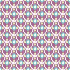Ikat seamless vector pattern. Abstract geometric shapes background. Purple fish scale print design.