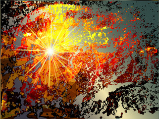 Abstract grunge background with explosion and torn pieces of supernova