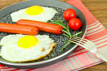 Fried eggs with fried sausages.