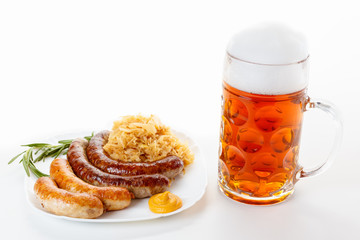 Oktoberfest menu, beer mug, a plate of sausages and sauerkraut