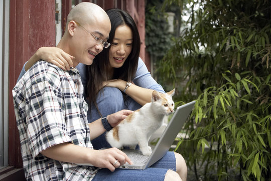 Young Couple Looking At Laptop, Man Patting Cat