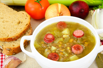 Healthy and Diet Food: Soup with Lentils, Celery and Sausage