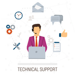 Technical support flat style. Woman and icons