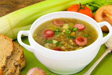 Healthy and Diet Food: Soup with Lentils, Celery and Sausage