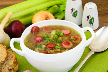 Healthy and Diet Food: Soup with Lentils, Celery and Sausage