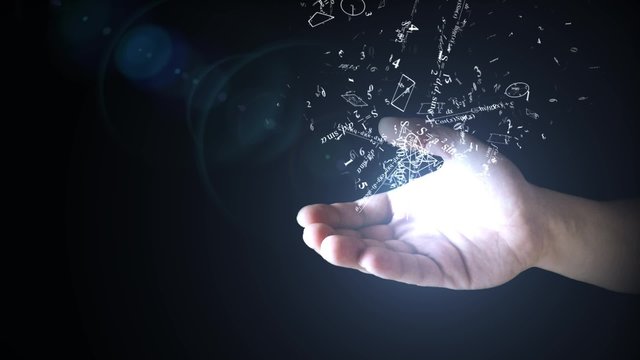 Mathematical formulas fly from his hands. The numbers, mathematical formula, geometry