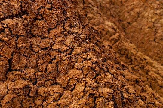 Closeup Of Drought Red Orange Sand Stone Rock Formation In Tatacoa Desert, Huila