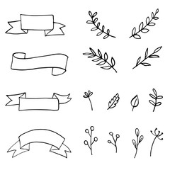 Collection of vector ribbons, plants and leaves