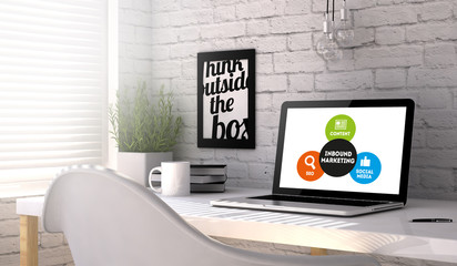 laptop workplace with Inbound marketing scheme on the screen