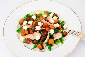 Salad with Chicken, Arugula, Caramelized Pumpkin and Feta Cheese