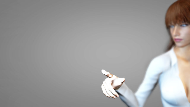 Sexy business woman touching a virtual screen. Free blank space available. The woman is blurred behind the transparent screen to focus on the finger and what it points. 3D render.