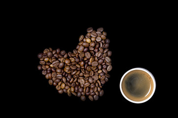 cup of coffee and the heart of the coffee beans