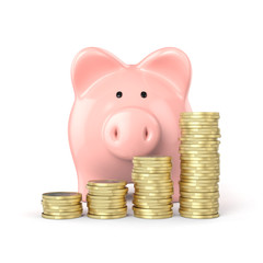 Sparschwein mit Münzen-Stapel auf weissem Hintergrund