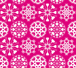 Heart snowflake seamless pattern. Christmas, Valentine, birthday, winter texture. White ornament on magenta background. Vector
