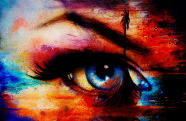 Viking Boat on the beach and woman eye , painting on canvas, Boat with wood dragon. And structure background, red, orange, yellow, black, violet and blue color. Color painting.. © jozefklopacka