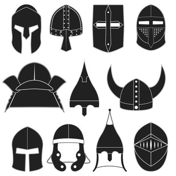 Vector icons, logo, labels of monocrome black helmets of ancient warriors on a white background for projects, cards, invitations. Helmets design elements. Sparta, gladiators, knights, samurai helmets