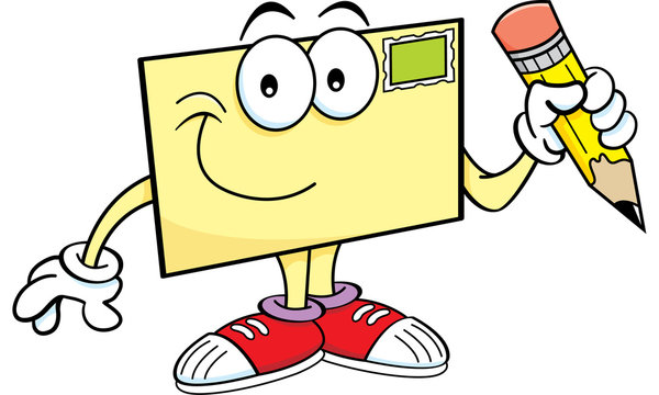 Cartoon illustration of an envelope holding a pencil.