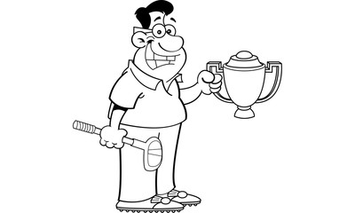 Black and white illustration of a man holding a trophy and a golf club.