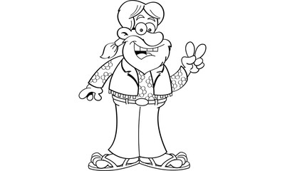 Black and white illustration of a old hippie giving the peace sign.