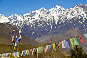 Himalaya Mountains with Buddhist prayer flags
