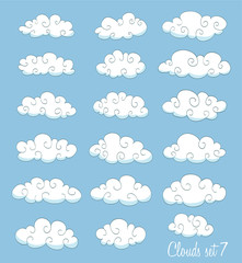 set of cute cartoon white clouds with swirls. vector