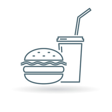 Hamburger and drink takeout icon. Cheeseburger and soda takeaway sign. Burger and cooldrink fastfood symbol. Thin line icon on white background. Vector illustration.