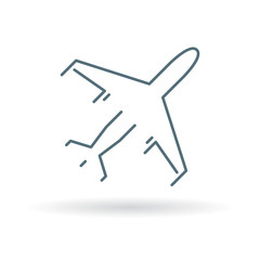 Flying airplane icon. aircraft sign. Commercial passenger plane symbol. Thin line icon on white background. Vector illustration.
