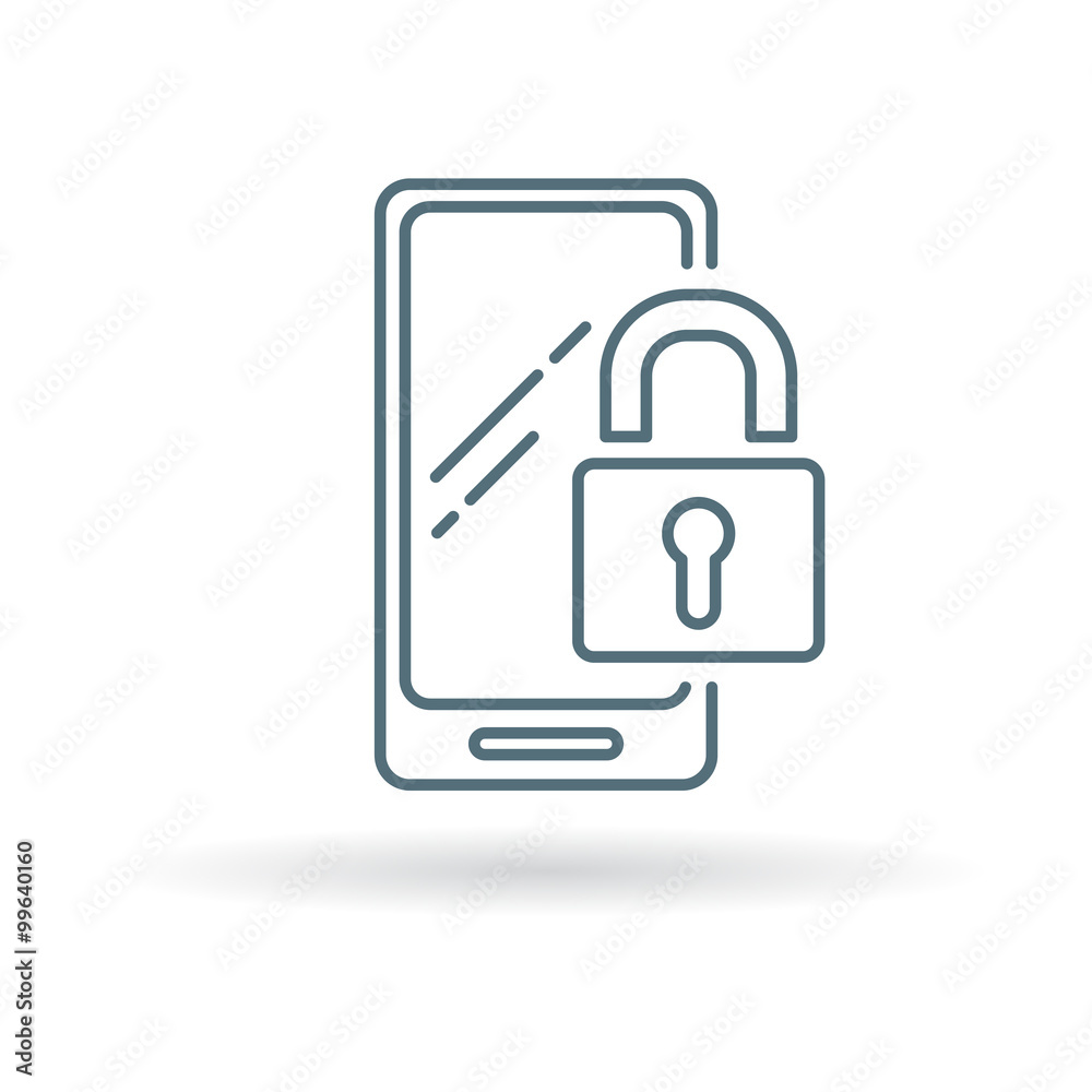Wall mural secure lock mobile smartphone icon. padlock cellphone sign. mobile encrypted password symbol. thin l