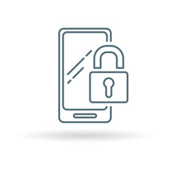 Secure lock mobile smartphone icon. Padlock cellphone sign. Mobile encrypted password symbol. Thin line icon on white background. Vector illustration.