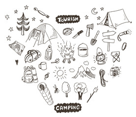 Hand drawn sketch camping icons set.