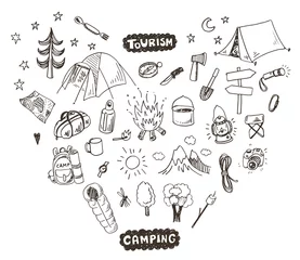Foto op Plexiglas Hand drawn sketch camping icons set. © teploleta
