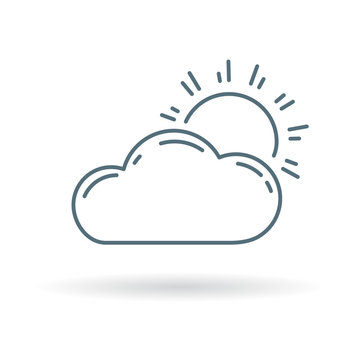 Sun and clouds icon. Partly cloudy sign. Sunlight and clouds symbol. Thin line icon on white background. Vector illustration.