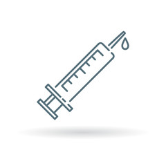 Medical syringe icon. Injection sign. Vaccine symbol. Thin line icon on white background. Vector illustration.