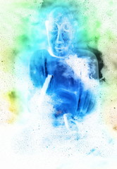 Fototapeta premium Buddha in space and stars, galaxy background. computer collage. Religion concept.