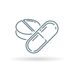 Medicine icon. Medication sign. Tablet / capsule symbol. Thin line icon on white background. Vector illustration.