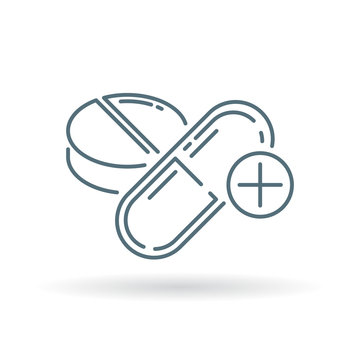 Medicine icon. Medication sign. Tablet / capsule symbol. Thin line icon on white background. Vector illustration.