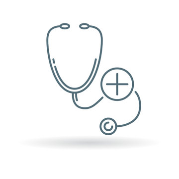 Stethoscope icon. Doctor stethoscope sign. Stethoscope plus symbol. Thin line icon on white background. Vector illustration.