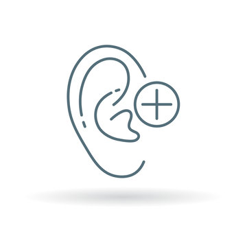 Ear hearing aid icon. Ear hearing volume sign. Ear hearing plus symbol. Thin line icon on white background. Vector illustration.