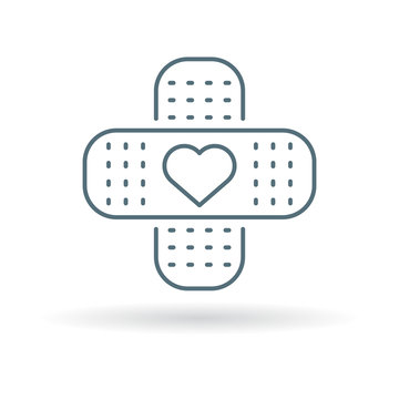 Band aid plaster icon with heart. Bandage plaster love sign. Band aid plaster symbol. Thin line icon on white background. Vector illustration.