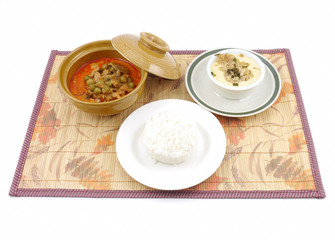 Thai steamed eggs pork chop with pork curry rice set .