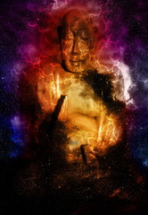 Fototapeta na wymiar Buddha in space and stars witg flash, galaxy background. computer collage. Religion concept.