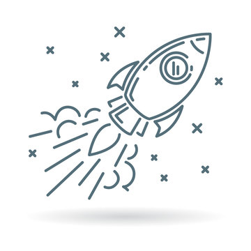 Conceptual rocket flying icon. Spaceship in flight sign. Rocket flying symbol. Thin line icon on white background. Vector illustration of rocket flying through space with stars.