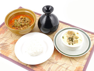 Thai steamed eggs pork chop with pork curry rice set .