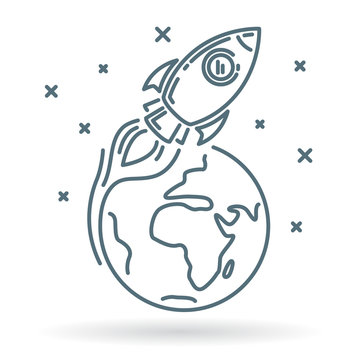 Conceptual rocket orbit earth icon. Rocket flying around earth sign. Spaceship orbit planet symbol. Thin line icon on white background. Vector illustration of rocket orbiting earth with stars.