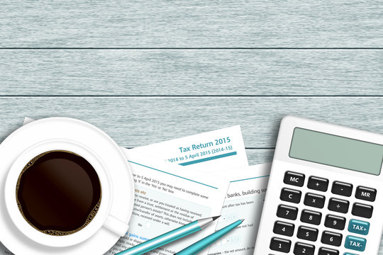 UK tax form with calculator, coffee lying on wooden desk