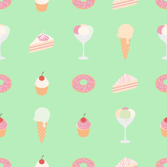 Vector seamless pattern with sweets: ice cream, cake, pie and donut on mint background.