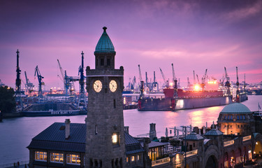 Hamburg, landing bridges and views of Harbour scene with shipyar