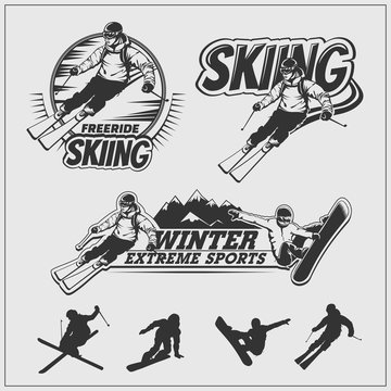 Skiing set. Silhouettes of skiers and snowboarders, ski emblems, logos and labels.
