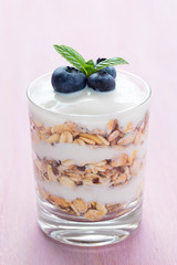 Müsli und Joghurt mit Blaubeeren und Minze